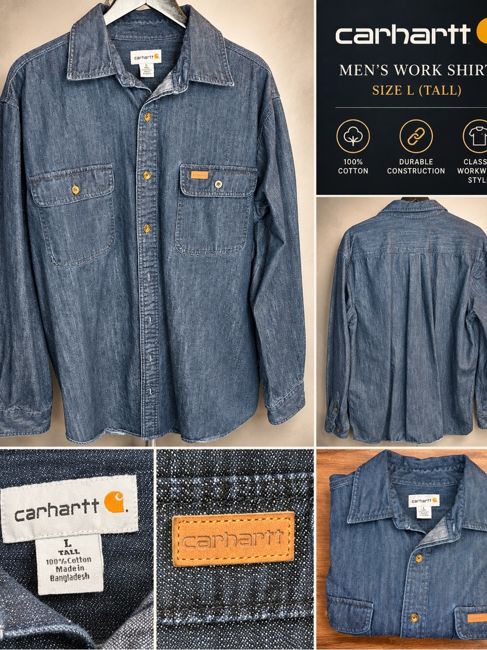 Carhartt Denim Work Shirt Men’s L Tall 100% Cotton Long Sleeve Blue